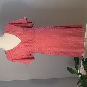 Sun Valley Pink Dotted Swiss Short Sleeve Silver Threading Pullover Dress Sz XS